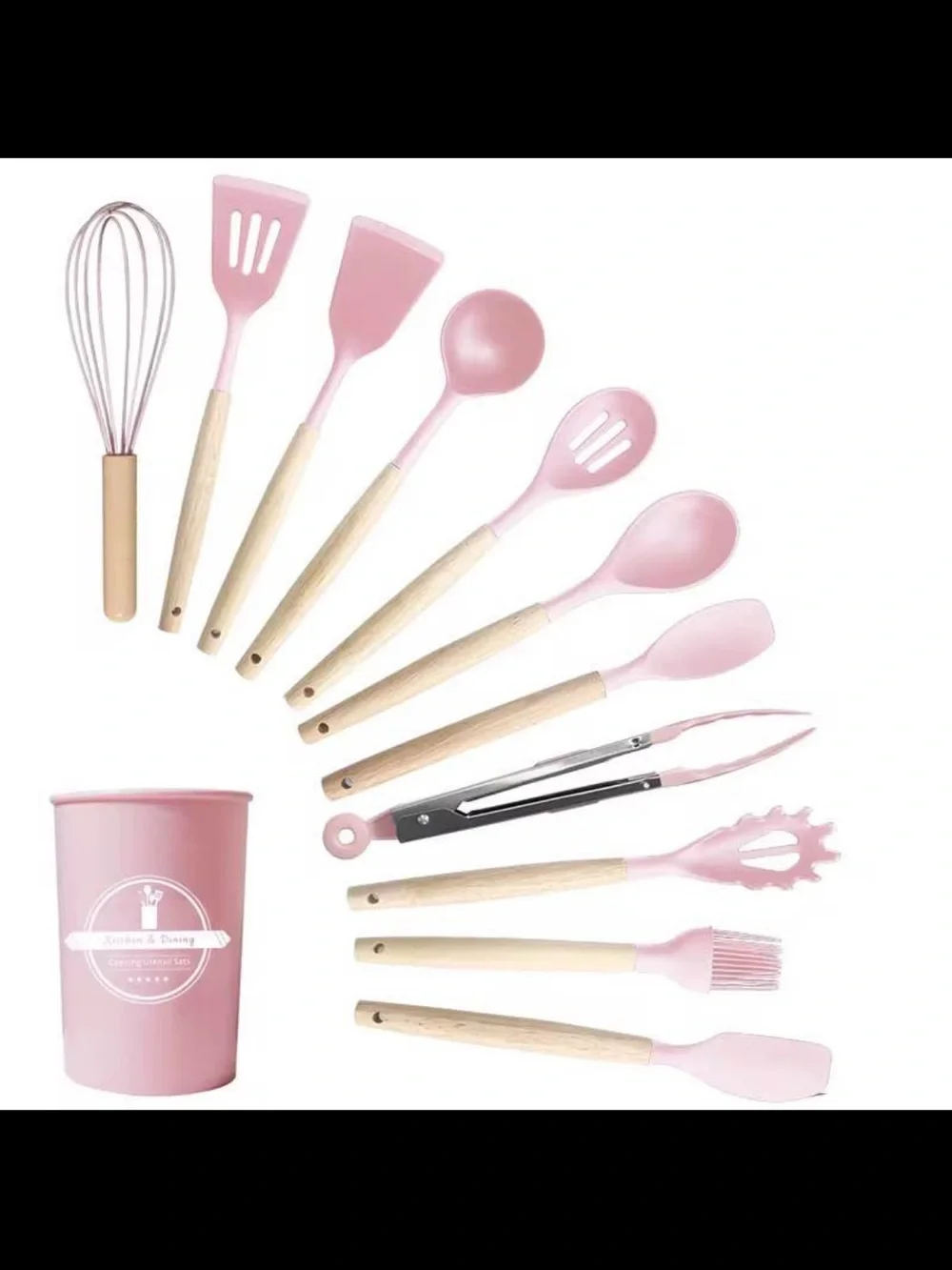 Pink Silicone & Bamboo Kitchen Utensil Set with Holder